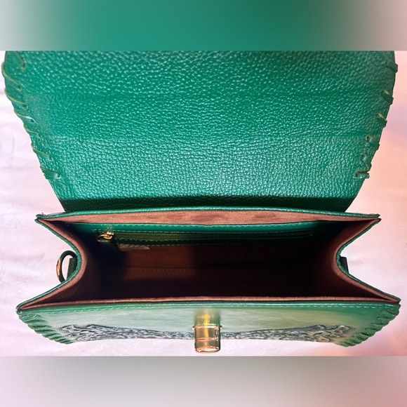 Green Handbag Mini Sara Hand-Tooled Artesian 100% Genuine Leather (H) - Picture 6 of 13